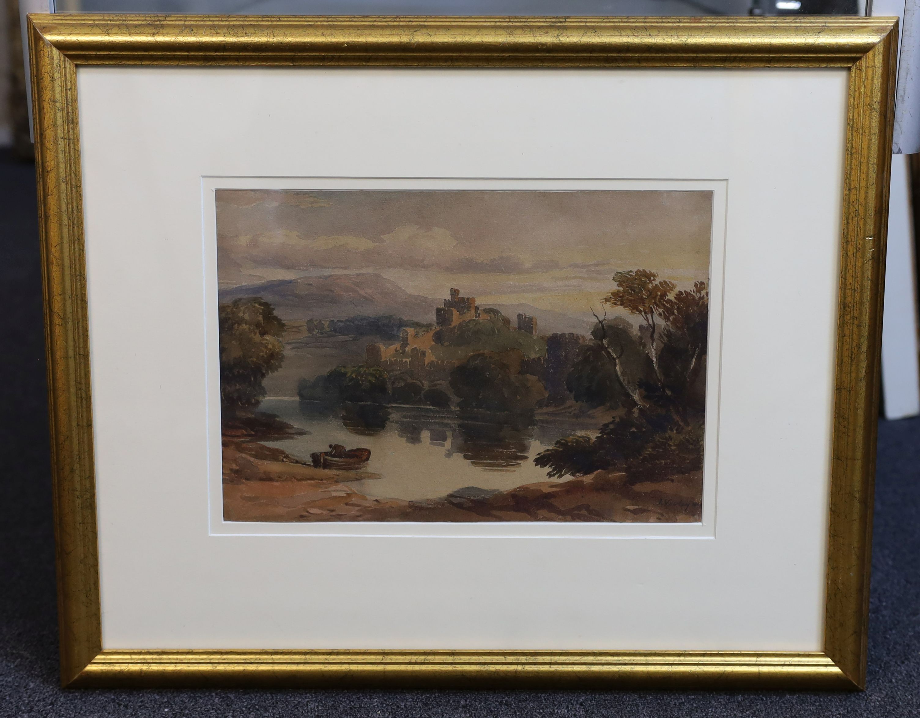 John Varley (1778-1842), watercolour, Castle in a landscape with boatman, signed and dated 1841, 22 x 32.5cm